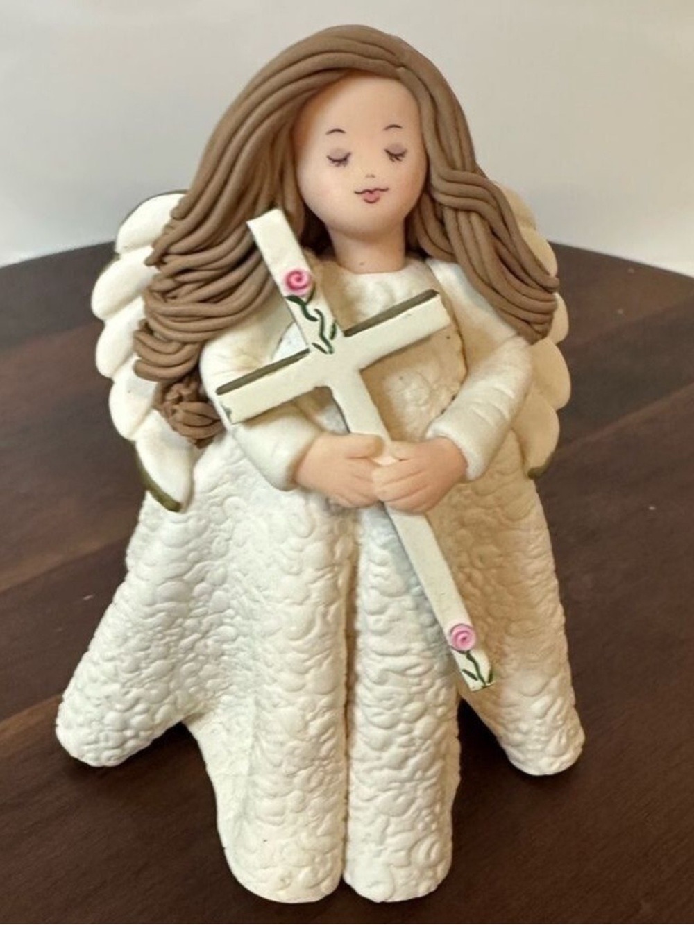 Vintage Pavilion Gift Co Kneeded Angels Figurine Angel Holding Cross Rose